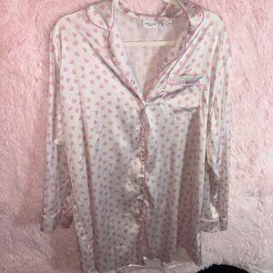 Satin Heart-Print Long Sleeve Pajama Top - Pink